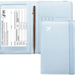 Mymazn Black Passport and Vaccine Card Holder Combo Passport Holder Travel Wallet with Vaccination Card Holder Passport Case with RFID Blocking Clear Pocket For Vaccine Card (blue)