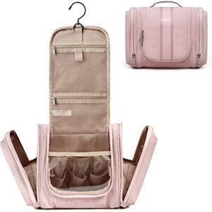 BAGSMART Toiletry Bag for Women, Travel Toiletry Organizer with hanging hook, Water-resistant Cosmetic Makeup Bag Travel Organizer for Shampoo, Full Sized Container, Toiletries, Pink