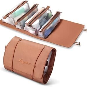 Makeup Bag Travel Cosmetic Bag, Roll Up Travel Toiletry Bag for Women, Makeup Travel bag, Travel Makeup Organizer Hangable, 4 Removable Storage Bags, Waterproof, Bathroom Accessories (Khaki)