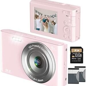 VJIANGER Digital Camera 4K 44MP with 32GB SD Card, 2.4 Inch Point and Shoot Camera with 16X Digital Zoom, Compact Mini Camera Kids Camera for Teens Boys Girls Adults Students Seniors(DC6-X3 Pink1)