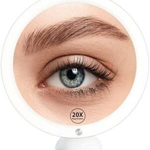 Beinocci 20x Magnifying Mirror with Light - 8" Lighted Makeup Mirror with Strong Magnification - Portable Travel Mirror with Suction Cup Easy Mounting - LED Magnified Mirror for Bathroom