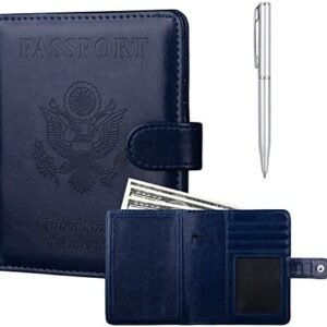 GOAUS Passport Holder RFID Blocking, Passport and Vaccine Card Holder Combo, Passport Wallet Cover Book Case Snap Closure Dark Blue