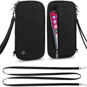 Passport Wallet, RFID Passport Holder with Vaccine Card Slot, for Family and Women & Men, Travel Document Organizer with Removable Wristlet Crossbody Strap (Black)