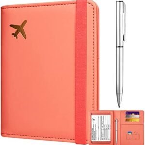 JKhandy Passport and Vaccine Card Holder Combo, Cover Case with CDC Vaccination Card Slot, Cute Leather Travel Wallet Document Organizer Protector with RFID Blocking for Women and Men, Baby Pink