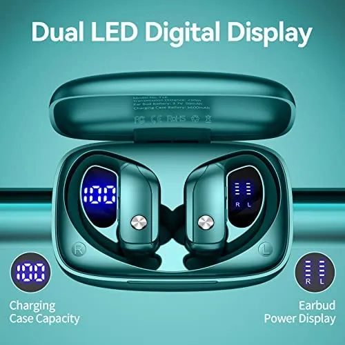 Wireless Earbuds Bluetooth Headphones 48hrs Play Back Sport Earphones with LED Display Over-Ear Buds with Earhooks Built-in Mic Headset for Workout Green BMANI-VEAT00L - Image 2