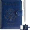 RSAquar Passport Holder for Women and Men, Premium PU Leather Travel Passport Wallet RFID Blocking Passport Cover Travel Documents Organizer with Pen Holder, Blue