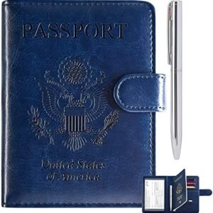RSAquar Passport Holder for Women and Men, Premium PU Leather Travel Passport Wallet RFID Blocking Passport Cover Travel Documents Organizer with Pen Holder, Blue