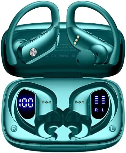 Wireless Earbuds Bluetooth Headphones 48hrs Play Back Sport Earphones with LED Display Over-Ear Buds with Earhooks Built-in Mic Headset for Workout Green BMANI-VEAT00L