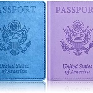 2Pack Passport Holder, Passport and Vaccine Card Holder Combo, Passport Holder with Vaccine Card Slot, Passport Wallet, Passport Cover, Passport Case, Passport Holder for Women Men (C-Sky Blue+Purple)