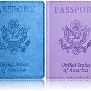 2Pack Passport Holder, Passport and Vaccine Card Holder Combo, Passport Holder with Vaccine Card Slot, Passport Wallet, Passport Cover, Passport Case, Passport Holder for Women Men (C-Sky Blue+Purple)