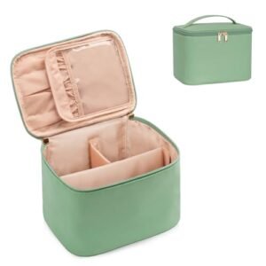 OCHEAL Makeup Bag, Large Capacity Make Up Bag for Cosmetics Vertical Storage,Toiletry Bag Skincare Makeup Organizer Bag for Travel,With Makeup Brushes Compartments & Dividers,-Green Leather