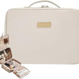 Portable Large Capacity Cosmetic Bag, Skincare Products, Makeup Brush Storage Bag, Double Layer Makeup Bag (Upgraded-White)