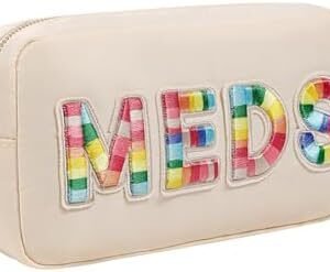 Chenille Letter Patch Nylon Medicine Packages,Cute MEDS Travel Makeup Bag with Metal Zipper, First Aid Purse Organizer Cosmetic Bag for Women and Girls(01Beige)