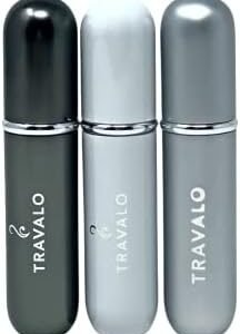 Travalo Classic HD Perfume Atomizer 3 Bundle Refillable System Travel TSA Approved | Reusable Easy-Fill Mini Pump Sprayer | Lightweight Elegant w/Volume Window | White, Titanium, Silver 3 Pack 0.17oz