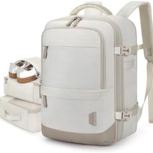 BAGSMART Compression Travel Backpack, 40L Expandable Carry On Backpack with Packing Cubes, Water Resistant Weekender Backpack Fits 17 Inch laptop, Large Overnight Luggage Daypack with Shoe Bag,Beige