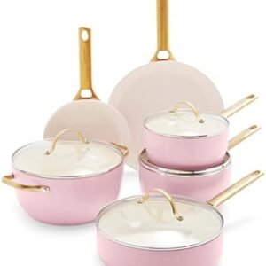 GreenPan Reserve Hard Anodized Healthy Ceramic Nonstick 10 Piece Cookware Pots and Pans Set, Gold Handle, PFAS-Free, Dishwasher Safe, Oven Safe, Blush Pink