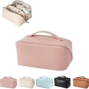 Large-Capacity Travel Leather Makeup Bag Cosmetic Bag Waterproof Portable Makeup Case Organizer Toiletry Bag Makeup Box for Skincare Cosmetics Toiletries with Handle and Divider Pink