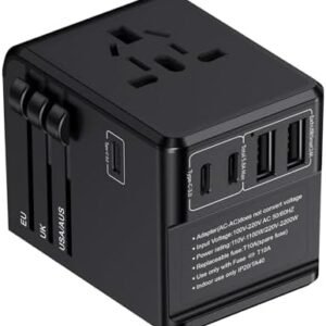 Universal Travel Adapter, International Power Adapter Charger with 3 USB C Ports, 2 USB A Ports and Multi AC Outlet, All-in-one Worldwide Plug Power Adapter for EU US UK AU 200+ Countries