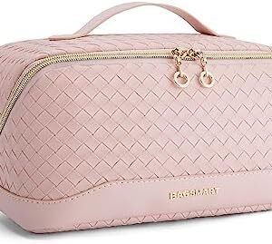 BAGSMART Makeup Bag Cosmetic Bag, Travel Makeup Bag, PU leather Makeup Bags for Women Portable Water-resistent Pouch Open Flat Make Up Organizer Bag for Toiletries, Brushes, Leather Pink