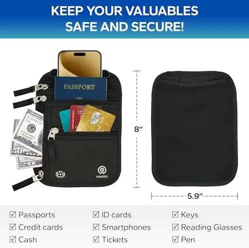 Neck Wallet – Travel Pouch and RFID Blocking Passport Holder for Women and Men, Easy to Conceal Passport Wallet, Slim Travel Wallet to Keep Your Cash, Passport, Cards and Documents Safe (Black) - Image 2