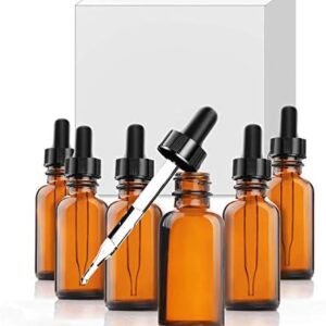Yesker Amber Glass Bottles for Essential Oils with Glass Eye Dropper 30 ml (1oz) for Essential Oils, Chemistry Lab Chemicals, Colognes & Perfumes- Pack of 6