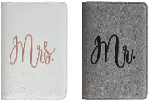 Bridal Shower Wedding Gift Honeymoon Passport Wallets Travel Holder Set Mr. & Mrs. Slim Waterproof Passport Case Covers Grey and White(2 Covers)