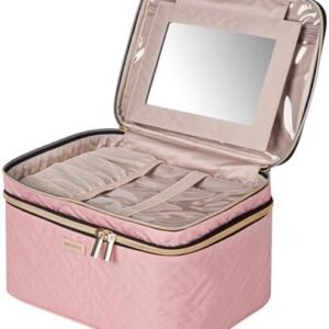 8.8L Double Layer Travel Makeup Bag With Mirror For Women, Large Cosmetic Case, Organizer for Travel-Size Accessories Bottles, Brushes,and Skin Care Products, 2.33 GAL, Pink