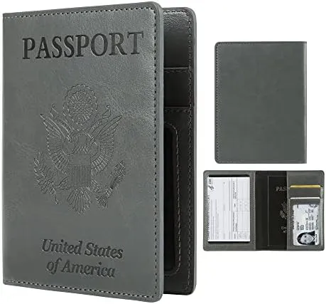 Cynure Leather Passport Cover CDC Vaccine Card Holder Combo Men & Women Travel Passport Case, grey - Image 2