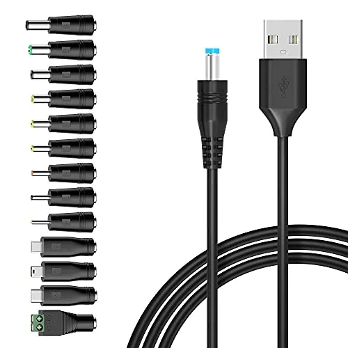 Universal 5V DC 5.5 2.1mm Jack Charging Cable Power Cord, USB to DC Power Cable with 14 Interchangeable Plugs Connectors Adapters Compatible with 5V Devices Max Support 3A