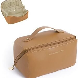 Portable Travel Makeup Bag Cosmetic Bag, Large Capacity Waterproof PU Leather Travel Makeup Bag With Compartments and Handle, Lay Flat Large Opening for Easy Access Brown Makeup Bag