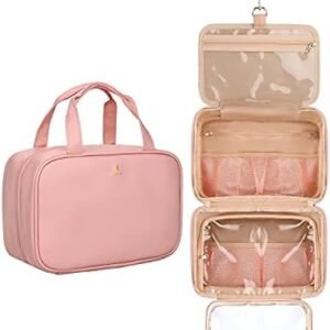 Relavel Toiletry Bag, Travel Hanging Toiletry Bag for Men and Women, Leather Water-resistant Makeup Cosmetic Bag Travel Organizer for Toiletries, Shampoo, Full Sized Container Travel Bag Pink