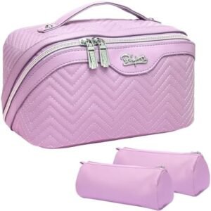 Travel Makeup Cosmetic Bag for Women: 3-Pack Large Capacity Quilted Cosmetic Cases, Portable PU Leather Makeup Organizer Bag for Travel & Gift Purple