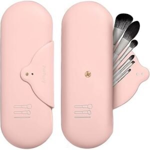 Travel Makeup Brush Organizer Makeup Brushes Holder Silicone Makeup Bag Brush Pouch Cosmetic Bag Brushes Case Travel Essential with Brush Cleaner Inside for travel (Pink 1pc)