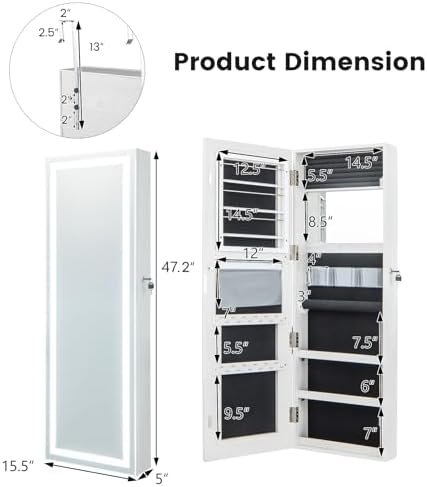 Giantex Jewelry Cabinet Armoire Door Wall Mount, 47.2in Lockable Touch Screen Lighted Full Length Mirror, 3 Lighting Settings, Inside Makeup Mirror, Jewelry Storage Box Organizer (Grayish White) - Image 5