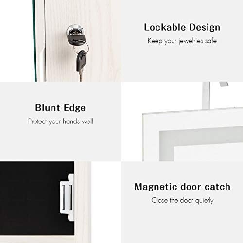 Giantex Jewelry Cabinet Armoire Door Wall Mount, 47.2in Lockable Touch Screen Lighted Full Length Mirror, 3 Lighting Settings, Inside Makeup Mirror, Jewelry Storage Box Organizer (Grayish White) - Image 8