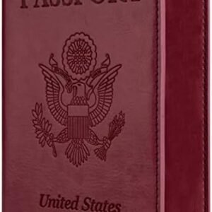 Passport and Vaccine Card Holder Combo, PU Leather Passport Holder with Vaccine Card Slot Passport Case Cover Protector Wine Red Passport Wallet for Men Women Family