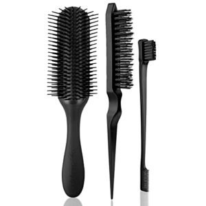 3 PCS Hair Brush for Women Men Classic Styling Brushes Curly Wet or Dry Hair 9 Row 3 Row with Edge Comb for Natural Thick Hair, Blow Separating, Shaping Defining Detangling Curls Tool Travel Hairbrush