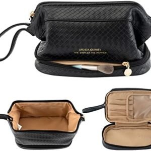 Abiudeng Large Makeup Bag,Double Layer Cosmetic Bag,Travel Makeup Bag,Leather Makeup Bag, Cosmetic Travel Bags,Portable Leather Toiletry Bag,Roomy Cosmetic Bag for Women and Girls