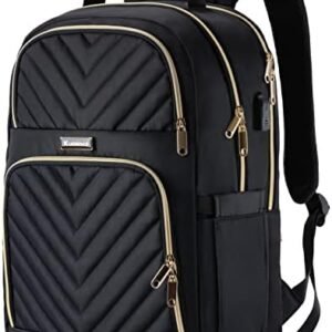 Travel Laptop/School Backpack for Teens, 15.6 Inch Quilted Work Backpack Purse with USB Charging Port, Large Anti-theft Bookbags for Student Teacher, Casual Daypacks for Women Men,Black
