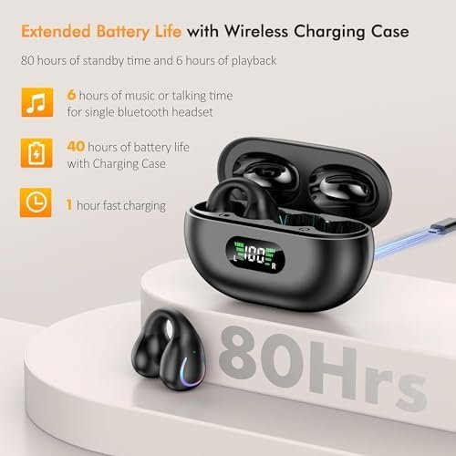 Open Ear Clip Wireless Earbuds Bluetooth 5.3, Sports Earphones Built-in Microphone with Earhooks & Ear Hook, Wireless Charging Case & Display, Waterproof Fitness Headphones for Running - Image 7