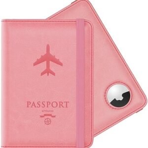 Stouchi Passport Holder with Airtag, Cute Passport Wallet for Women Travel, Leather Passport Holder Family Case, Anti-Lost, Pink
