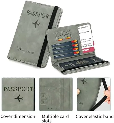 Passport Holder Cover Travel Wallet Organiser with RFID Protection, Credit Card Case, PU Leather for Men & Women (Grey) - Image 3