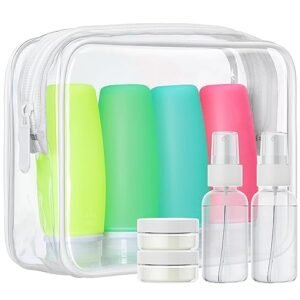 PACKISM TSA Approved Toiletry Bottles - 9 Pack Leakproof 3.4oz Silicone Travel Bottles for Toiletries, Travel Accessories with Clear Makeup Bags for Shampoo Conditioner Lotion Body Wash BPA Free