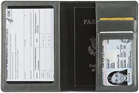Cynure Leather Passport Cover CDC Vaccine Card Holder Combo Men & Women Travel Passport Case, grey - Image 3