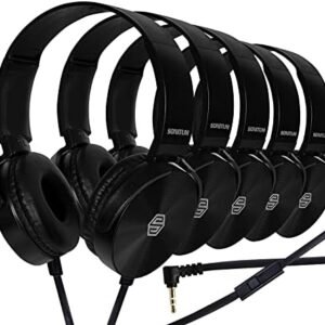 Sonitum Premium Classroom Headphone & Mic Set 3.5mm Jack Stereo Sound Earphones with Microphone & Soft Swivel On Ear Pads- Perfect for E-Learning, Meetings, Calls - Bulk Pack of 5 (Black)