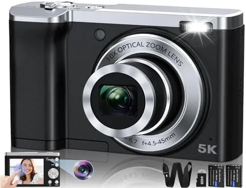 5K Digital Camera 2024 Newest 56MP Cameras for Photography Autofocus,10X Optical Zoom Vlogging Compact Camera with Front and Rear Camera,6-Axis Anti-Shake,Touch Screen with 64GB SD Card,2 Batteries