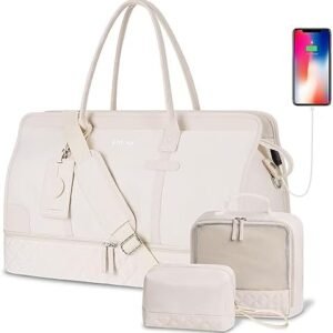 ETRONIK Weekender Overnight Bag for Women, Large Travel Duffle Bag with Shoe Compartment & Wet Pocket, Carry On Tote Bag Gym Duffel Bag with Toiletry Bags for Hospital 4 Pcs Set, Large Size, Beige
