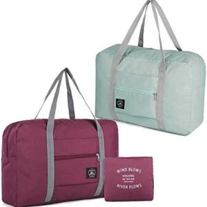 2 pack Foldable Travel Duffel Bag with Fixed on the Trolley Case, Waterproof Luggage Travel Bag, Lightweight Carry On Bag for Sports, Vacation, Shopping, Gym (wine red, light blue)
