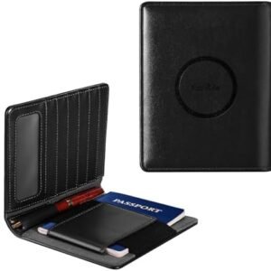 Passport Holder, Passport Wallet Holder for Men/Women, Work with Apple Find My, Leather Passport Holder Case for Travel Anti-Lost, RFID Blocking, 6 Cards Slots, Black