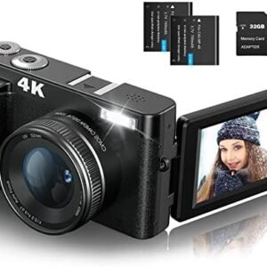 Digital Cameras for Photography, 4K 48MP Vlogging Camera for YouTube with 32GB Sd Card, 3'' 180° Flip Screen Compact Digital Video Camera with Flash, 2 Batteries, 16x Digital Zoom